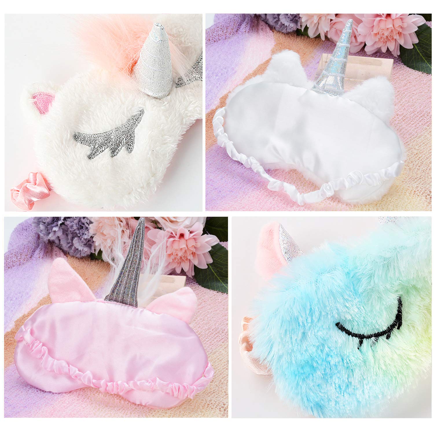 Unicorn Sleep Mask,Kapmore 4 Pack Cute Eye Mask Unicorn Horn Sleeping Mask Soft Plush Blindfold Sleep Eye Cover for Kids Girls Women