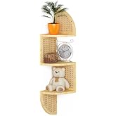 WOPITMER 3-Tier Corner Shelf - Wooden Rattan Wall Mounted, Zig Zag Hanging Shelves for Bedroom, Living Room &amp; Bathroom