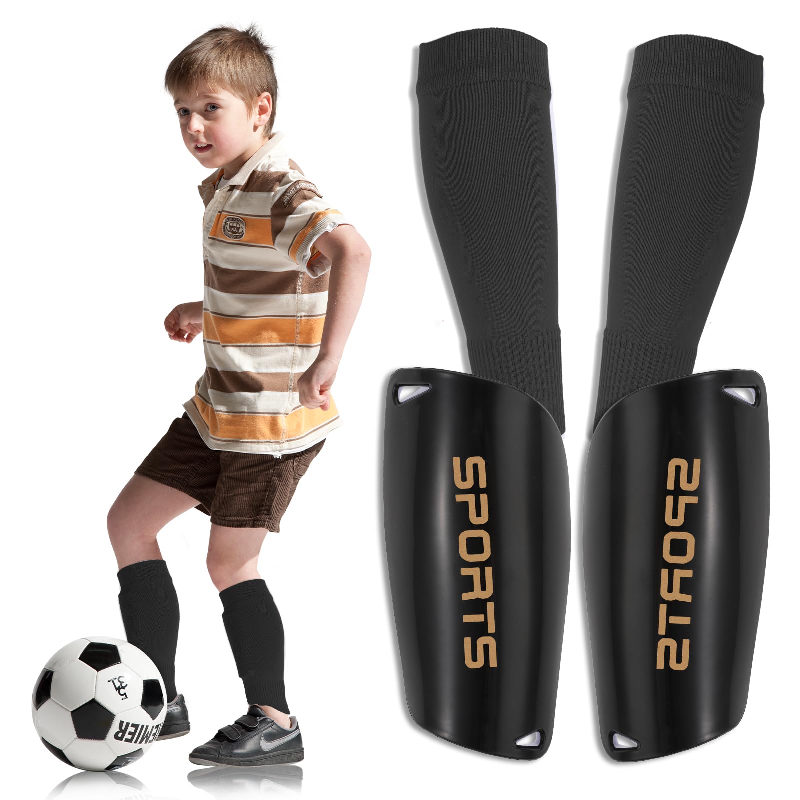 Football Shin Pads with Sleeves For Kids, Football Shin Guards and Elastic Shin Pad Sleeves for 4-8 Years Boys Girls, Football Games Leg Calf Protective Gear Reduce Shocks and Prevent Injuries, Black