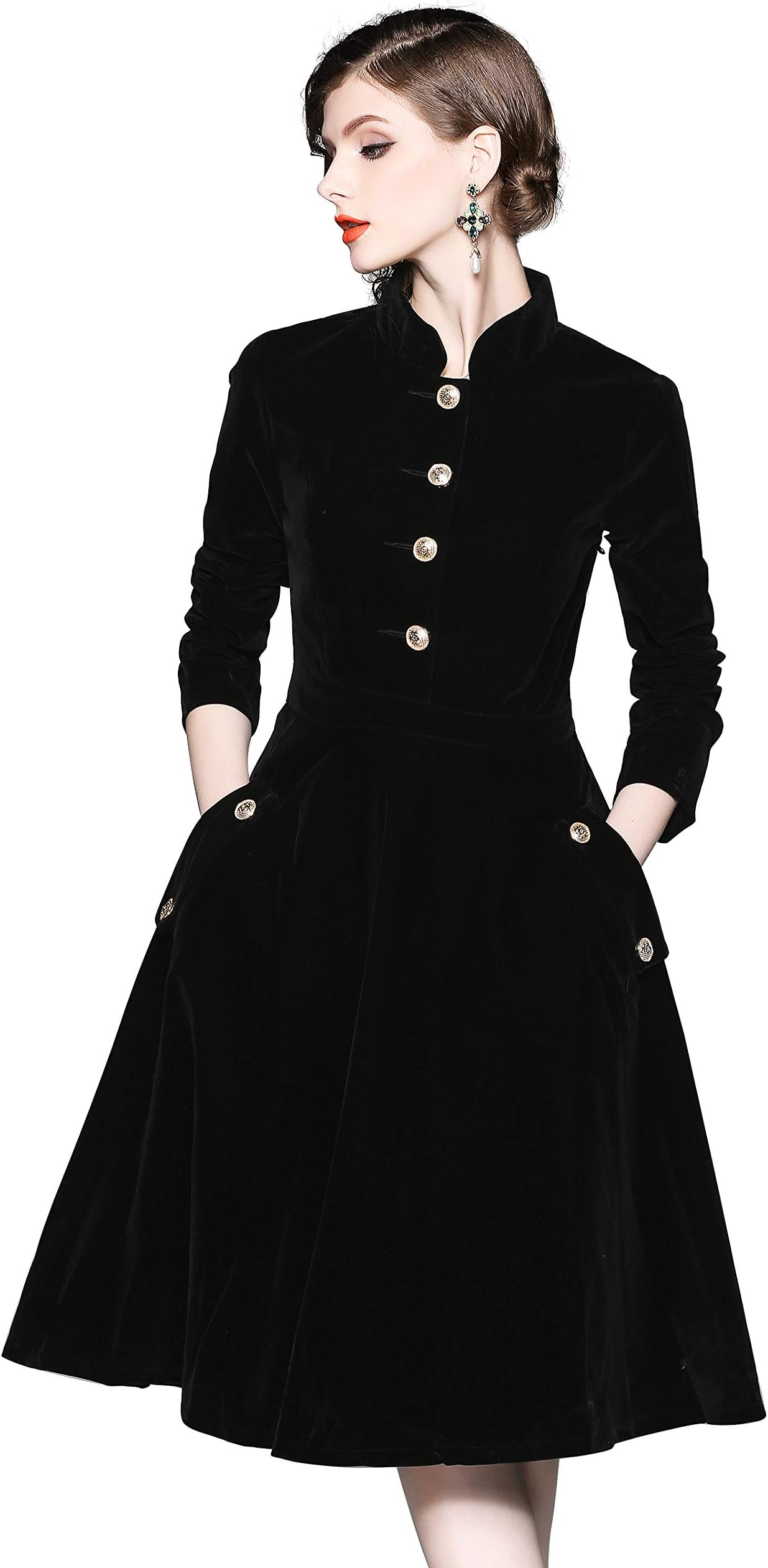 LAI MENG FIVE CATSWomen's Long Sleeves Velvet Button Up Swing Midi Pockets Dress