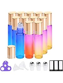 Essential Oil Roller Bottles by PrettyCare (12 Pack Rainbow Color Glass Bottle 10ml, 24 Pieces Labels, 3 Extra Roller Balls, Opener, 2 Funnels) Roller Balls for Essential Oils, Roll on Bottles