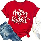MAIHUN Christmas Shirts Womens Merry and Bright Shirt Xmas Holiday Tshirt Christmas Lights Tee Tops