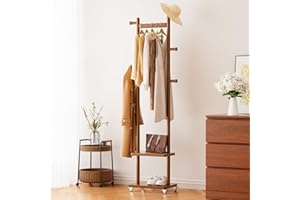 TAITIY Solid Wood Coat Rack Freestanding Clothing Rack with Wheels & 2 Shelves Storage & 5 Hooks Heavy Duty Clothes Rack Wood Coat Tree Stand Hat Hanger Rack for Corner Bedroom Entryway Living Room Hotel