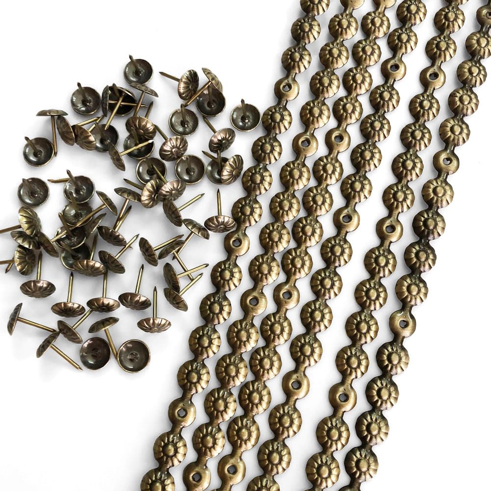 Let's Decorate 10Meters D11mm Upholstery Tacks Brass Flower Sofa Nailhead Strips,Furniture Bench Sofa Tacks,Loosing Tacks Matched,DIY Furniture Accessory(G:11mm Brass Flower)