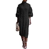 Women Puff Long Sleeve Turtleneck Maxi Sweater Dress Casual Popcorn Cable Knit Side Slit Pullover Dresses