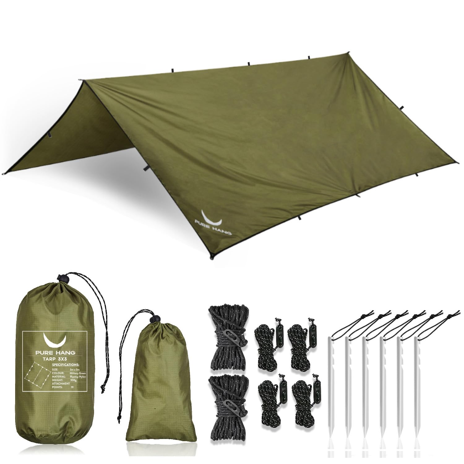 PURE HANG Rain Fly Tent Tarp Hammock 3m x 3m Waterproof Windproof UV Sunshade for Camping Shelter Canopy Camp Gear Outdoor Travel Snow - Lightweight Easy Setup Ripstop Nylon (3m x 3m, Army Green)