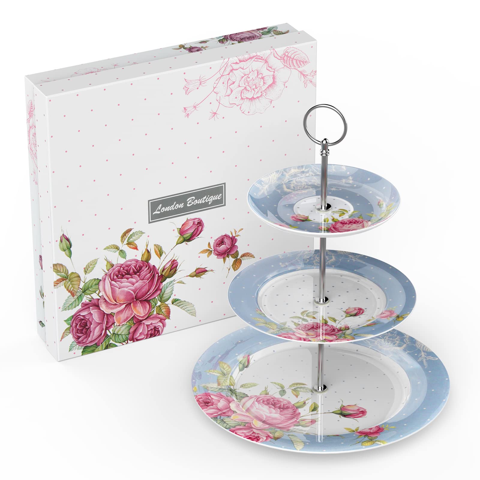London Boutique Cake Stand 3 Tier Afternoon Tea Cake Stands Plates New Bone China Vintage Flora for Tea Party High tea at Home Gift for Her (Blue)