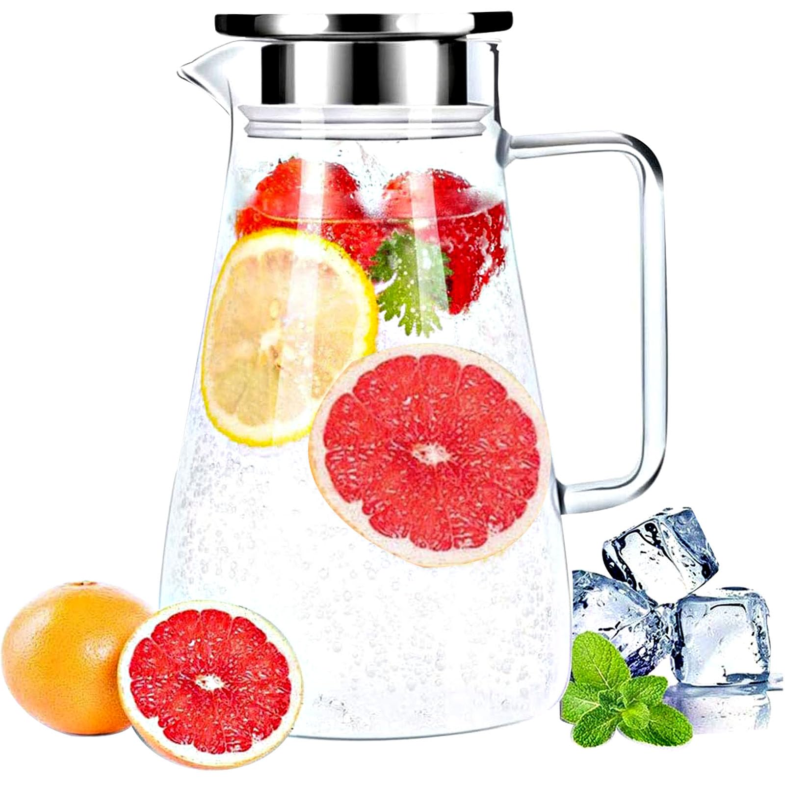 Sharemee - Large Heat Resistant Glass Pitcher with Stainless Steel Lid, Water Carafe with Handle, Good Beverage Pitcher for Homemade Juice and Iced Tea, 1800ml/61oz