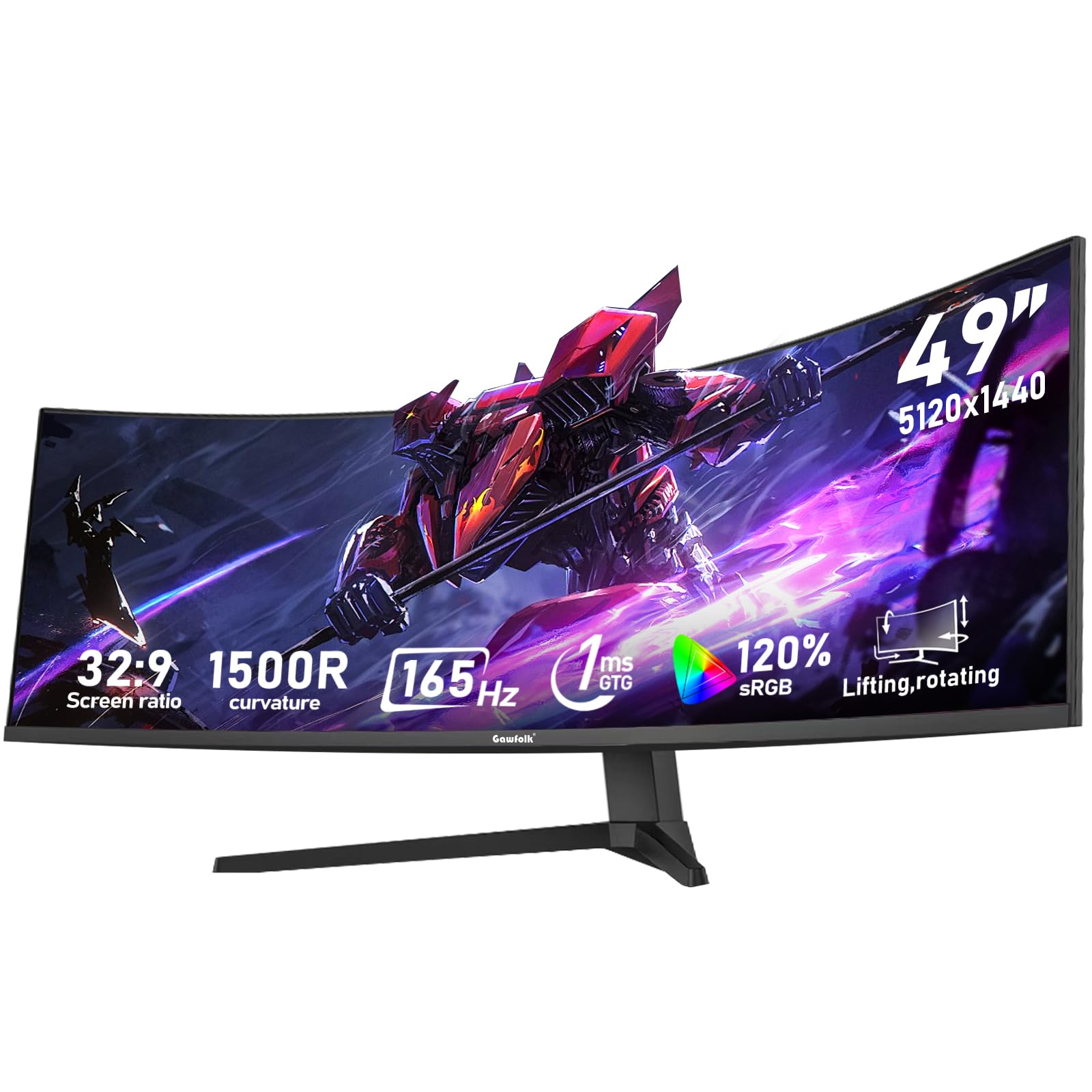 Gawfolk 49 inch Ultra-Wide Curved 1500R Gaming Computer Monitor, DQHD(5120×1440), 165Hz, 1MS, FreeSync, 120% sRGB, Height Adjustable PC Screen, HDMI2.1 & DP1.4, Compatible Wall Mount 100*100mm- Black Image