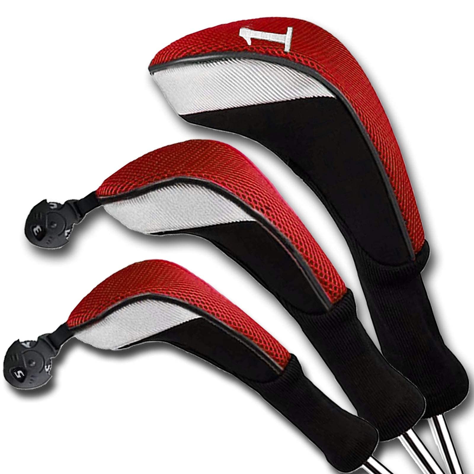 FINGER TEN Golf Club Head Covers for Woods Long Cover Driver Hybrid Fairway, Headcovers with Interchangeable No. Tag Novelty Durable Fit Woods Clubs (Red-3 pack (1 Driver& 1 Fairway&1 Hybrid))