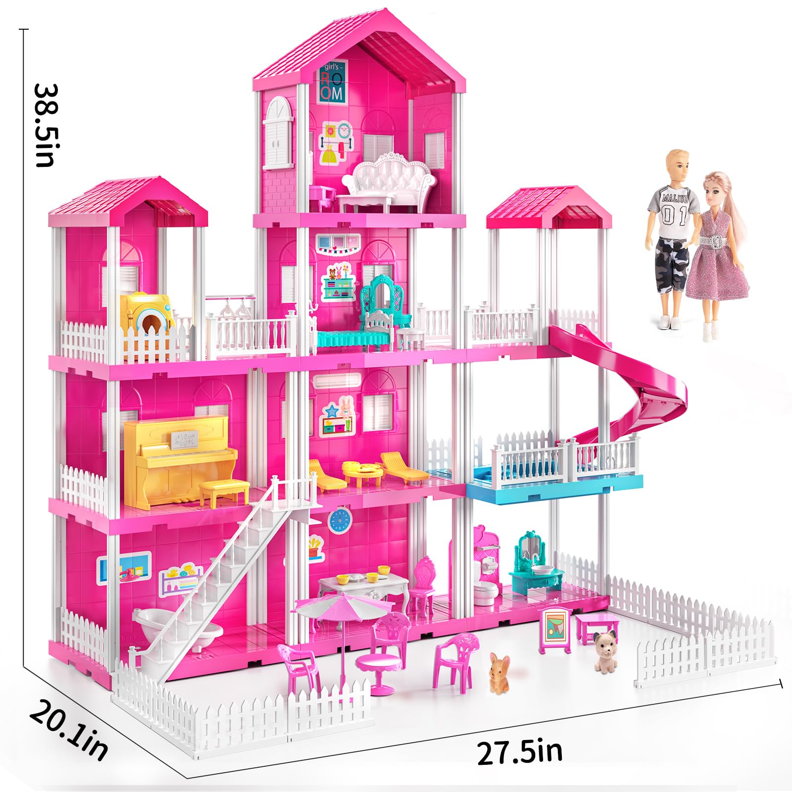 Pink Villa Playset for Girls Ages 3-7, 4-Story 10-Room House with 2 Dolls, Furniture & Accessories, Pretend Play Toddler Toy, Birthday Gifts for Kids 3-8