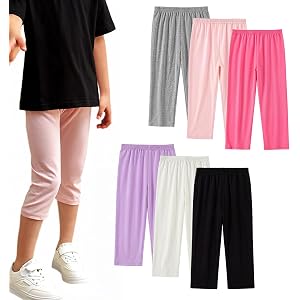 EEZYCHOIC 6 Packs Girls Capri Leggings Cotton 3/4 Pants Cropped Tights for Kids