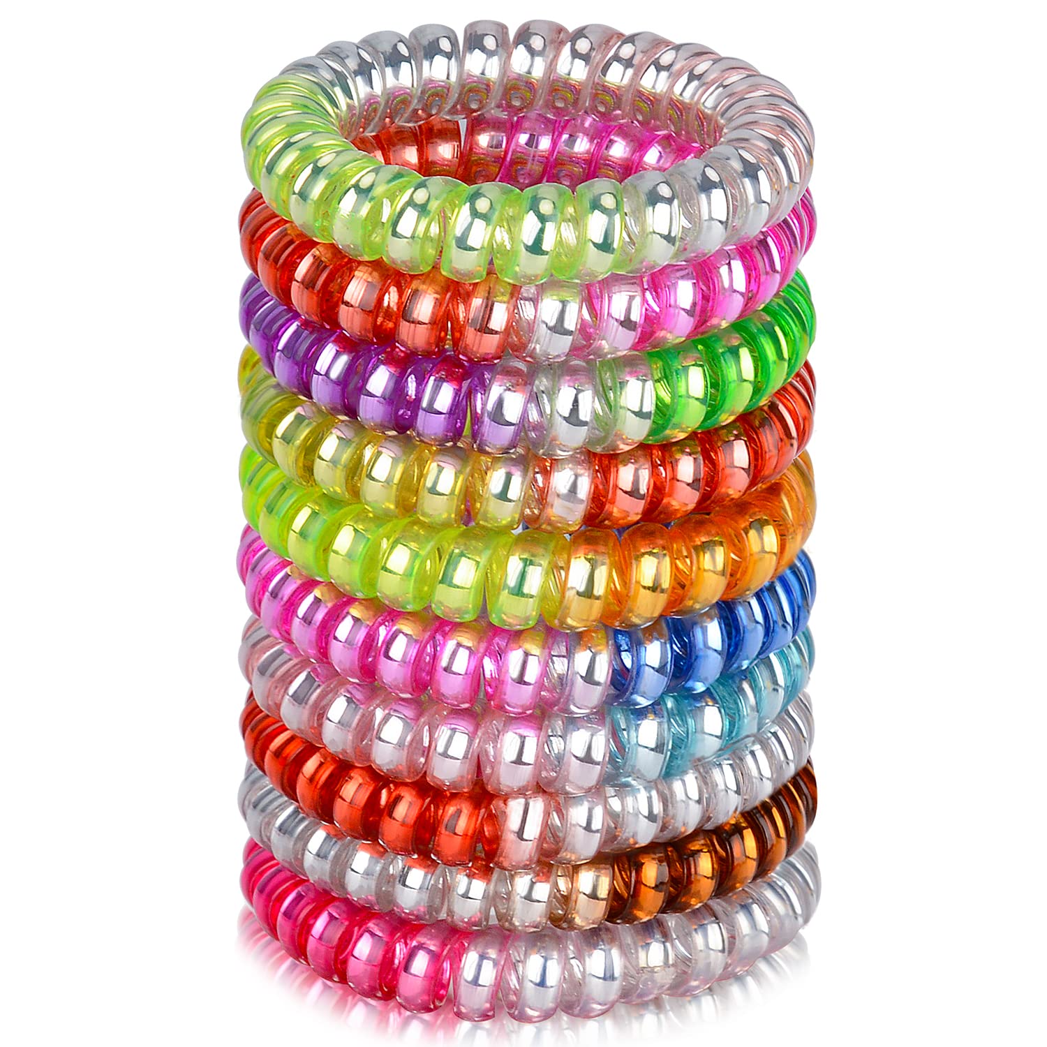 JessLab Spiral Hair Ties, 10 Pcs Traceless Phone Cord Bracelet Plastic Coil Ponytail Holders No-Damage Accessory for Girls Women Ladies, Color Assorted, Set 3