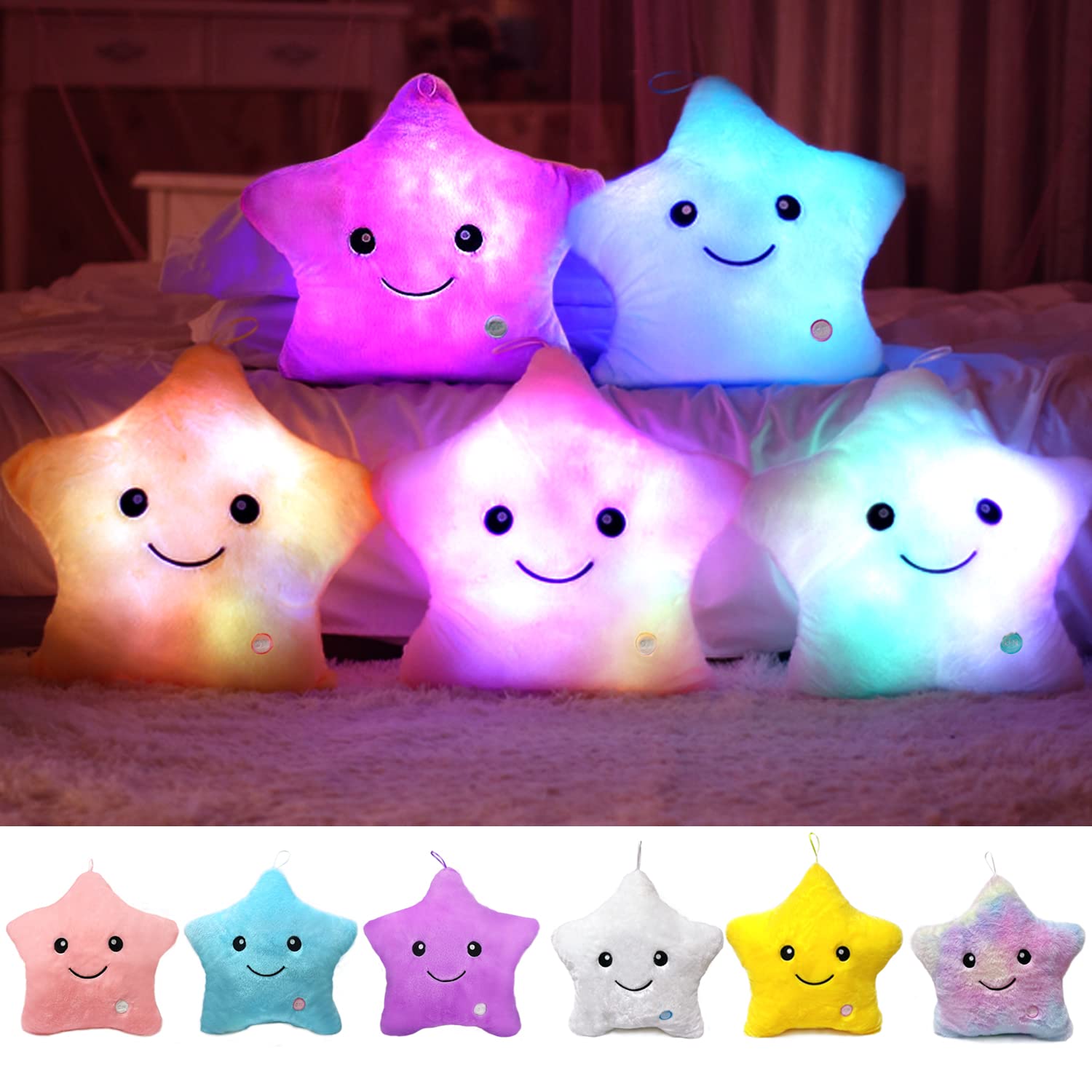 Kyduu Cuddly LED Cushion, LED Star Pillows, Light up pillow cushion, Star toy, Sensory toys for autism, Glo pals, Glow pals, Glowing Luminous Light Up Soft Flashing Light Cushions (White)