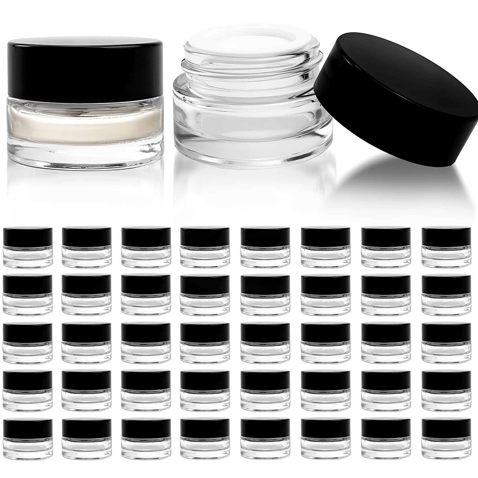 Photo 1 of Seuqhck 90 Pack 5ml Small Clear Jars with Black Lids, Empty Glass Cosmetic Containers with Liners Round Bulk Airtight Cream Bottle for Beauty Product Samples, Travel, Storing Lotions, Essences