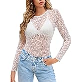 Yousify Womens Lace Mesh Long Sleeve Tops Sheer See Through Sexy Y2k Shirts Crewneck Layering Tees