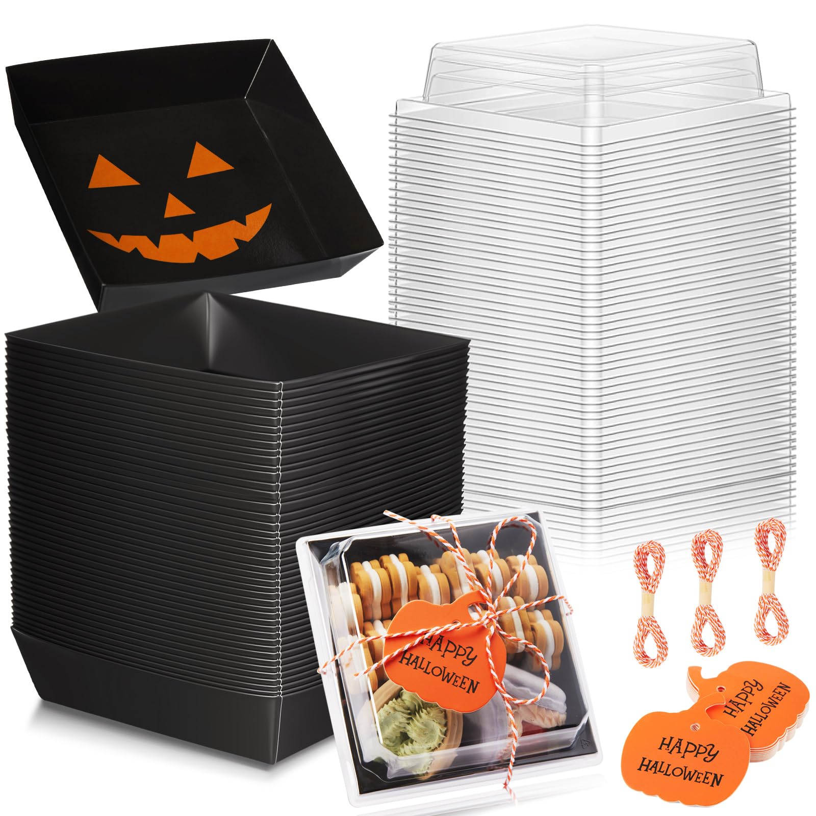 Photo 1 of Yaomiao 50 Pcs Halloween Pumpkin Charcuterie Boxes with Clear Lid Rope Card 5.3 Inch Square Disposable Paper Food Containers Bakery Dessert Treat Boxes for Cake Cookie Sandwich Halloween Party Favor