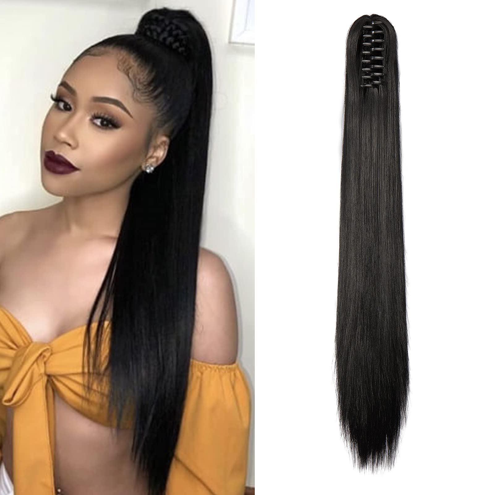 Cybelleza 22inch Ponytail Hair Extensions Ponytail Claw Jaw on Long Straight Pony Tails Clip in Hair Extensions Synthetic Hair pieces for Women (Black) — image 1