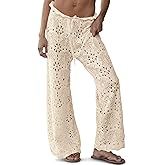 Saodimallsu Womens Crochet Swimsuit Coverup Pants High Waisted Drawstring Sexy Sheer Mesh Knit Wide Leg Beach Pants