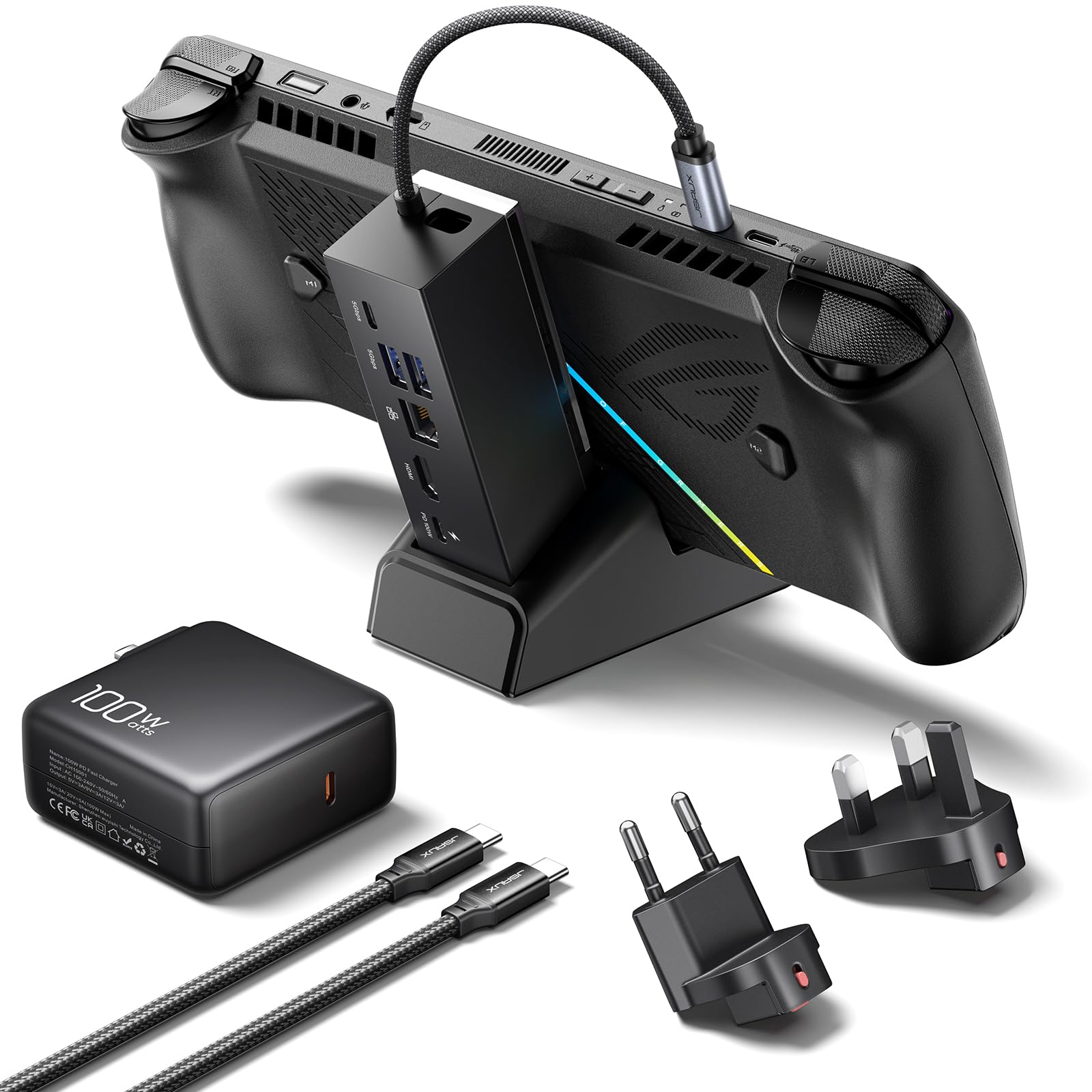 Photo 1 of JSAUX Docking Station & 100W Charger for ROG Xbox Ally X (2025)/ROG Ally X/Steam Deck/Legion Go, 6-in-1 Dock with HDMI 4K@120Hz, Gigabit Ethernet, Dual USB A & USB C 3.2 Gen 1, 100W Charging - HB0609