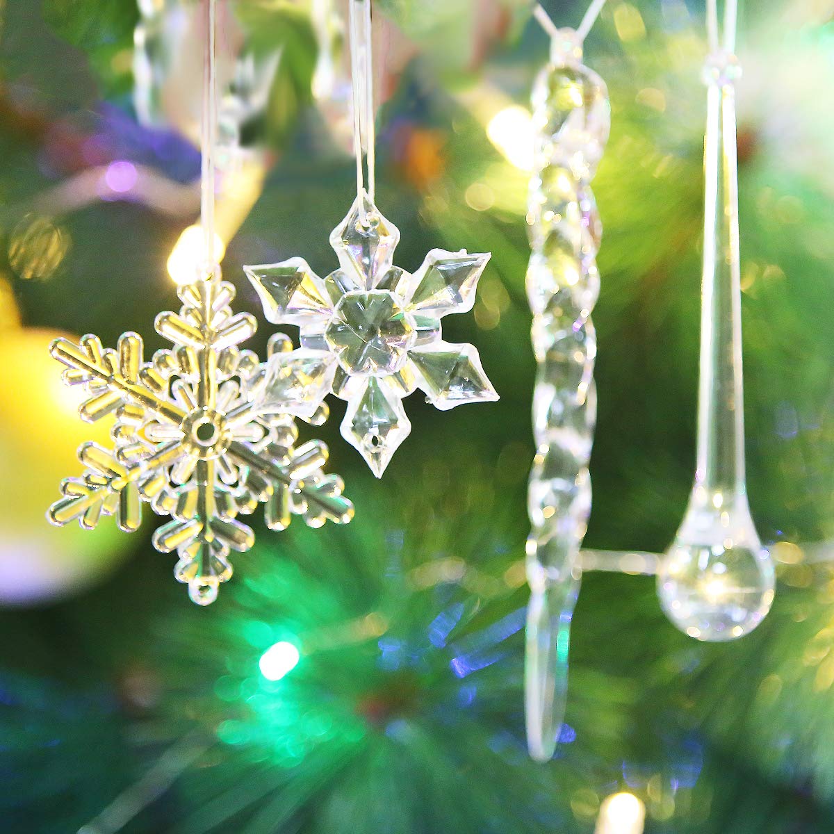40 Pcs Christmas Ornaments Set - Hanging Acrylic Crystal Clear Snowflakes Glitter Icicles Drop Chrismtas Tree Party Decorations