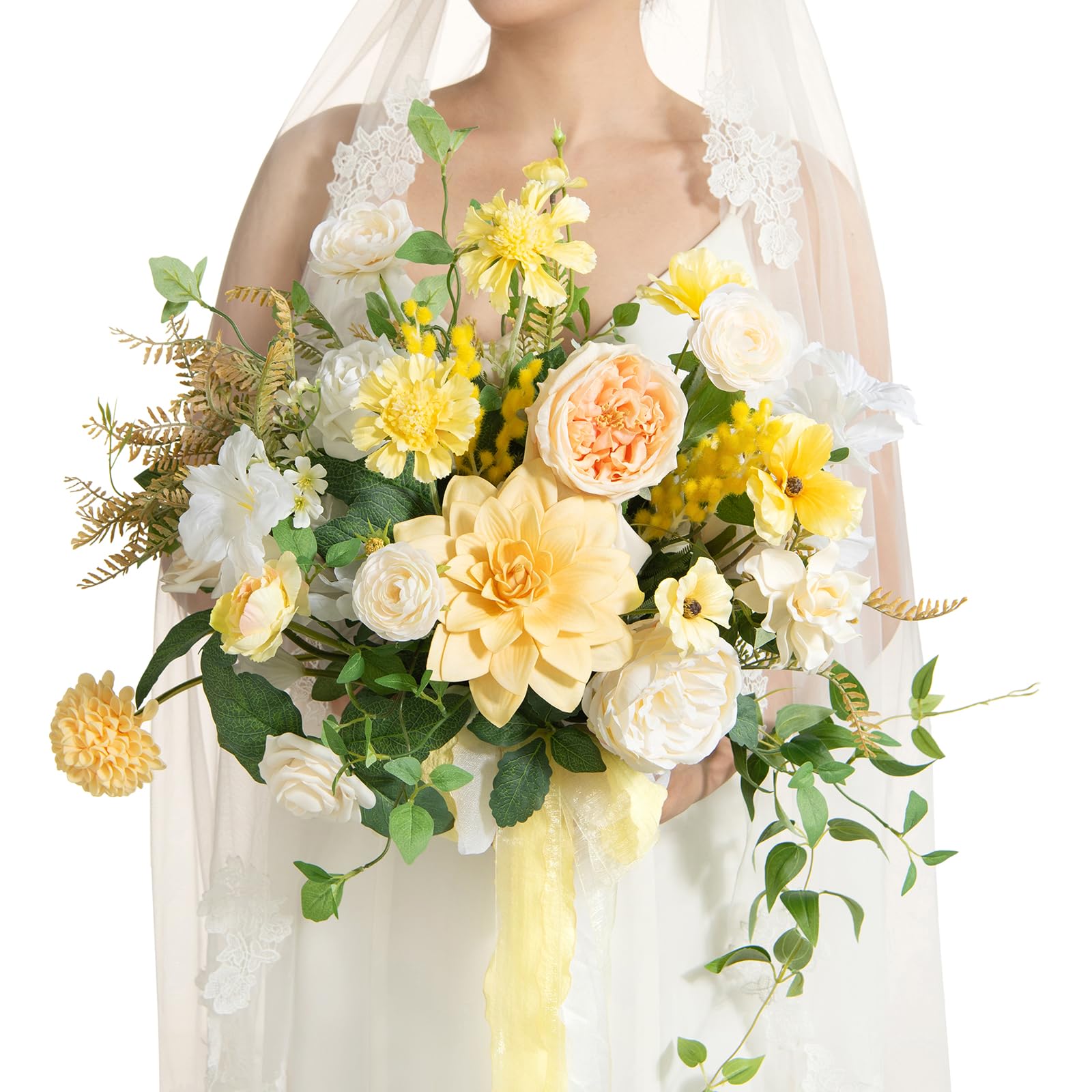 Photo 1 of Ling's Moment Yellow Bridal Bouquet for Bride, Yellow Wedding Bouquets for Bride, 15 Inch Summer Bridal Bouquets Artificial Wedding Flower Bouquet
