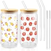 Piuaeue 2 Set Teacher Appreciation Gifts Teacher Appreciation Glass Cups 16 oz Iced Coffee Glasses Cup with Bamboo Lids Smoothie Cups Apple and Pencil Glass Cup Tumbler for Women Teacher Valentines