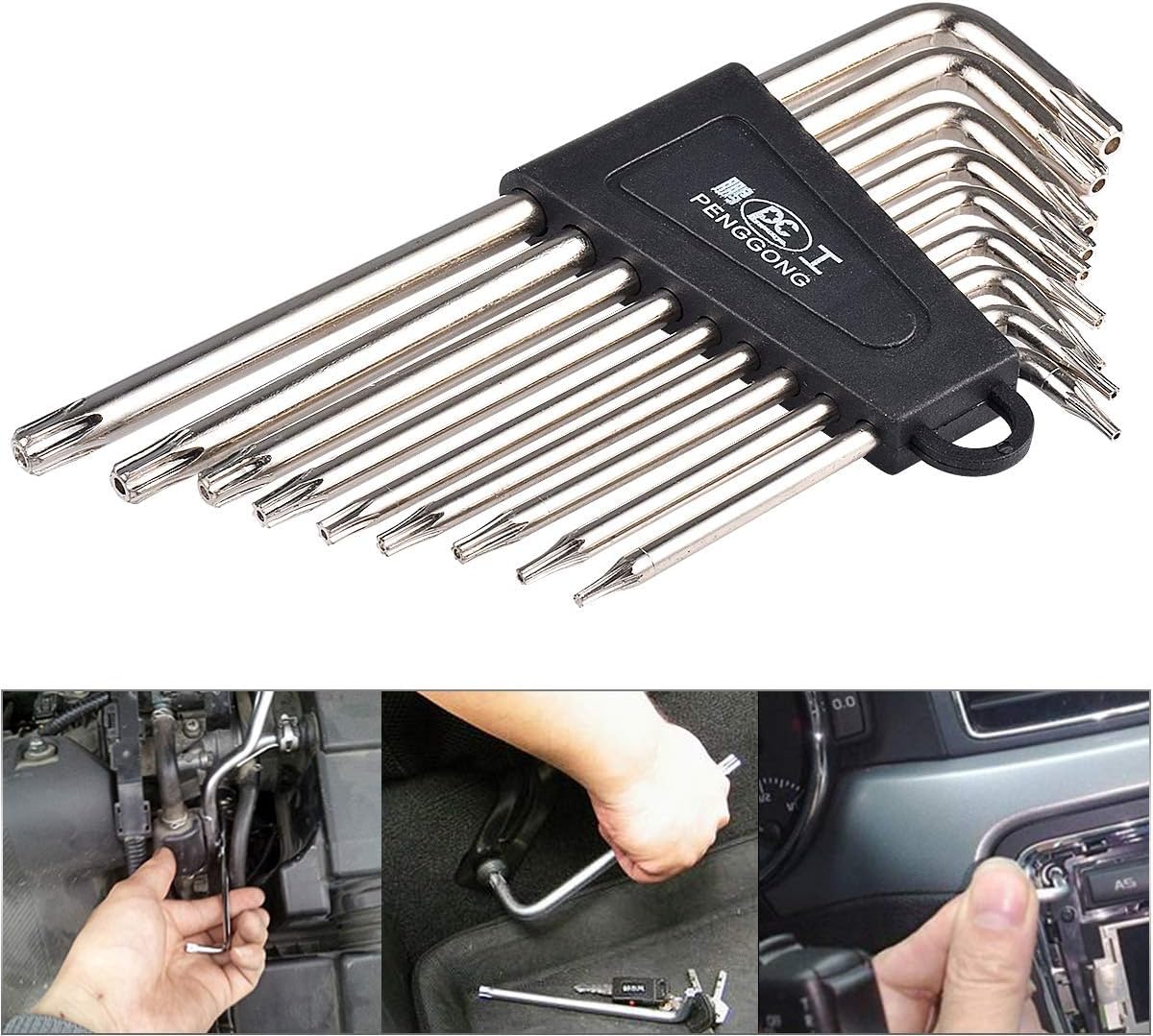 HOHXEN L-Type Wrench Set - 9 Pcs, Star Shaped Torx Hex Key Wrench Set for Bike Motorcycle Repair Furniture Assembly Household DIY, Metric Long Arm with Visible Coding, T6 T7 T8 T9 T10 T15 T20 T25 T27