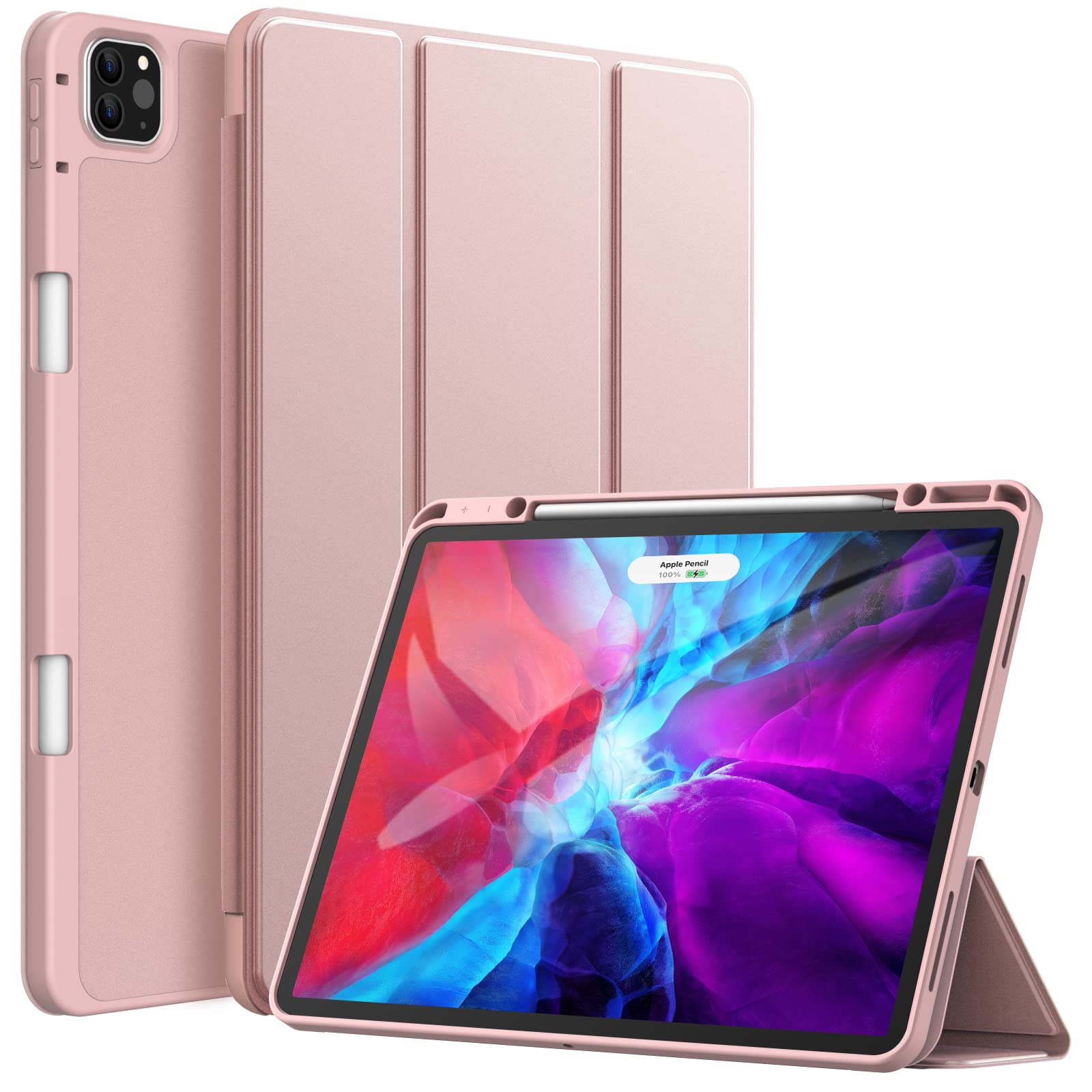 JETech Case for iPad Pro 12.9-Inch (2020/2018 Model, 4th/3rd Generation) with Pencil Holder, Support 2nd Pencil Charging, Slim Tablet Cover with Soft TPU Back, Auto Wake/Sleep (Rose Gold)