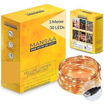 MANSAA USB String Lights for Decoration 3M 30 LED USB Powered, Made in India, Yellow LED