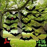 Hanging Bats Halloween Decorations Outdoor - 16 Pack Glowing Eyes Large Flying Bats 5 Different Size, Waterproof Plastic Realistic Black Bats Hanging in Tree Outside Halloween Decoration for Porch