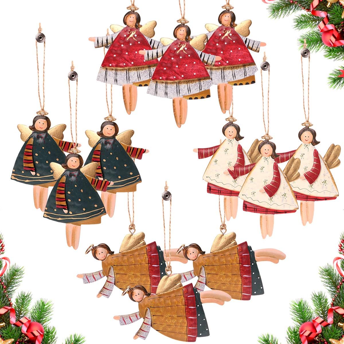 Y- STOP Christmas Decorations Ornaments,12 Pcs Dancing Angels Tin Christmas Tree Ornaments,Hanging Angels Decor for Home,Party,with Gift Box