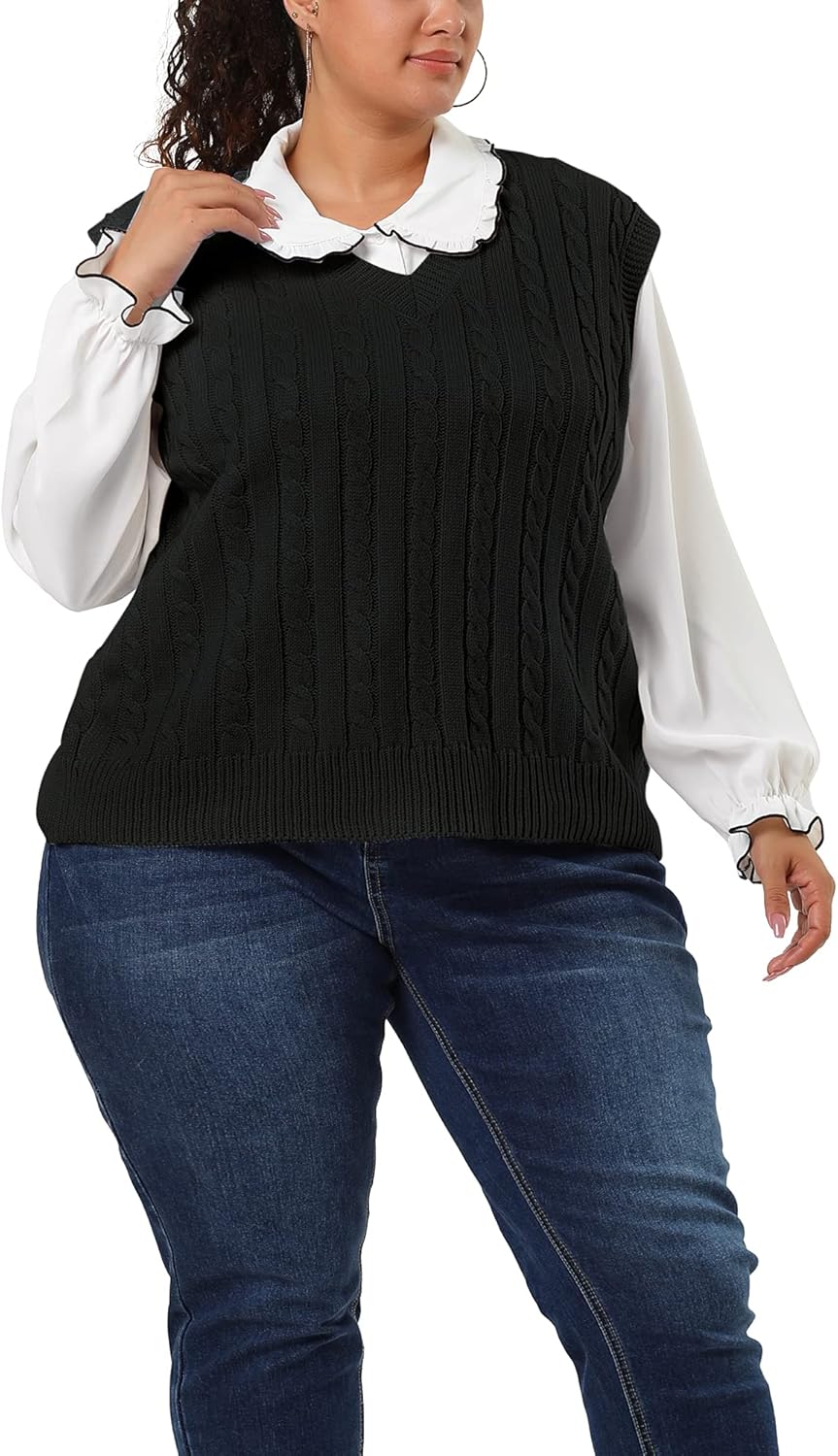 Agnes Orinda Women's Plus Size Sweaters Vest V Neck Cable Preppy Style Sleeveless Pullover