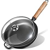 Bachdomc 9.7" Cast Iron Skillet with Lid & Removable Wooden Handle, Pre-Seasoned Frying Pan for Stove, Oven, Grill & Campfire Cooking
