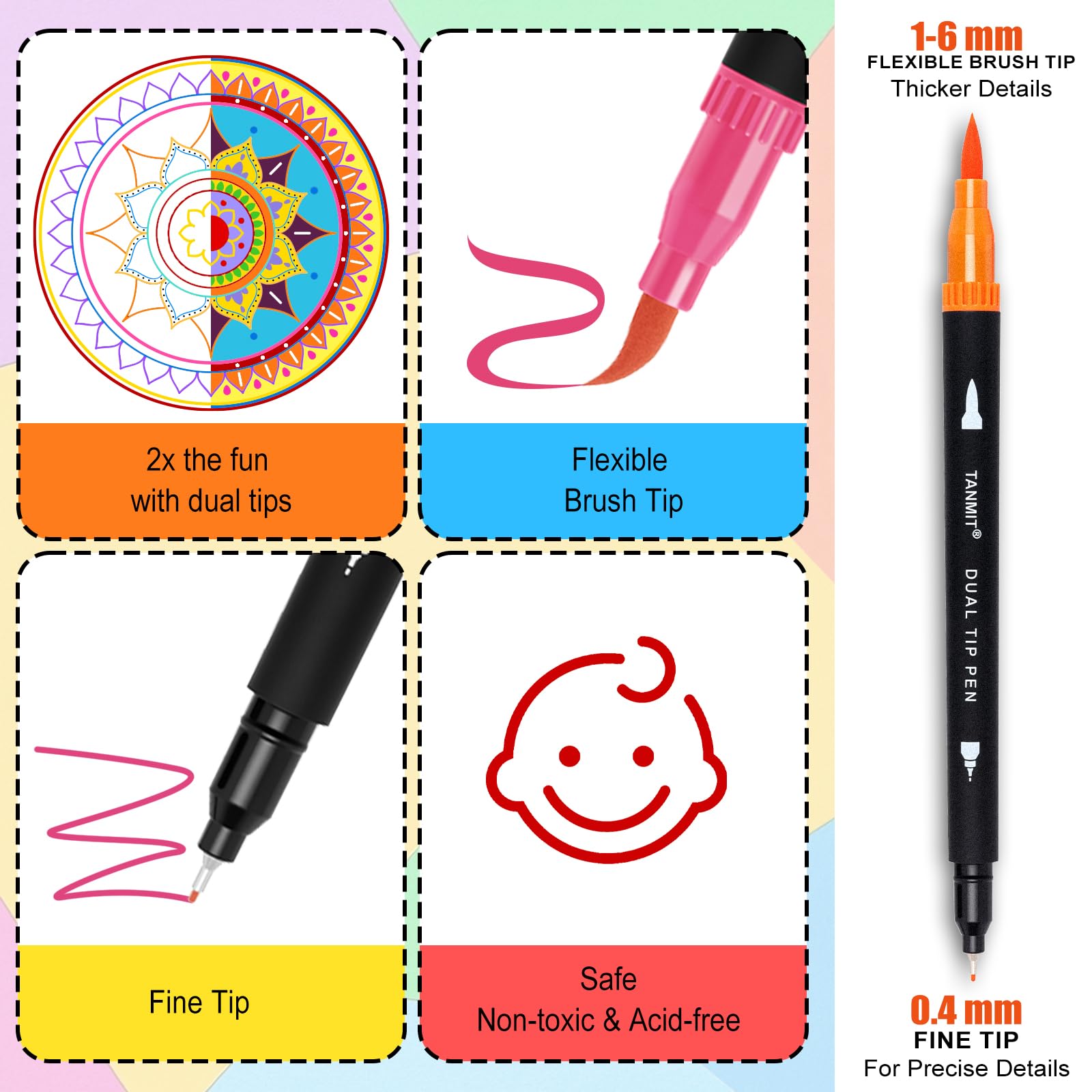 TANMIT 36 Colors Dual Brush Marker Pens for Adult Coloring Books, Fine & Brush Tip Art Markers with Colored Cap, Aesthetic Cute Art Suppliers for Journaling Drawing Craft