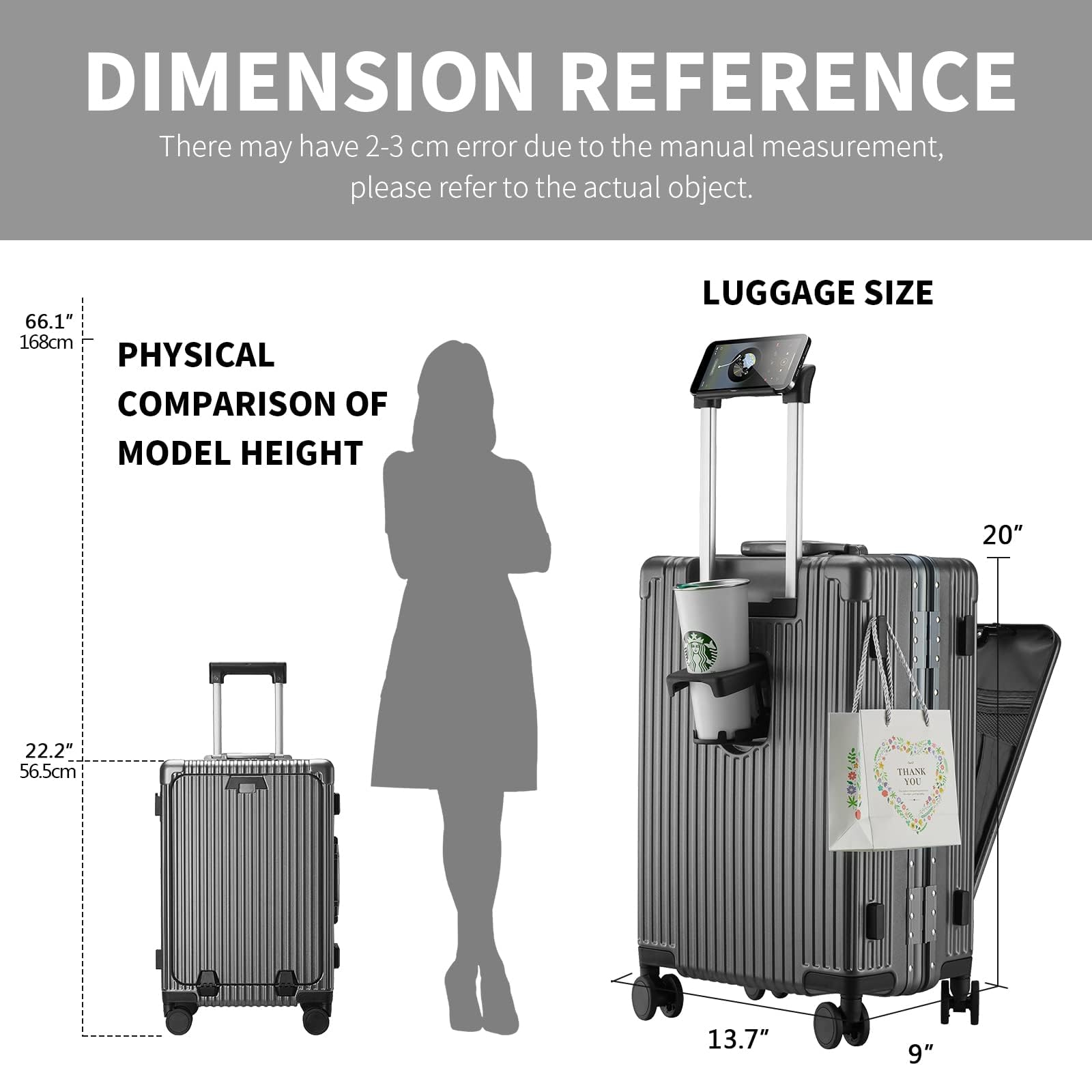 Airline Approved Carry on Luggage with Spinner Wheels,20 inch Aluminum Framed Suitcase,Built-In TSA lock,with USB Port & Cup Holder & Phone Holder Hard Case Luggage Travel Suitcase (Gray)