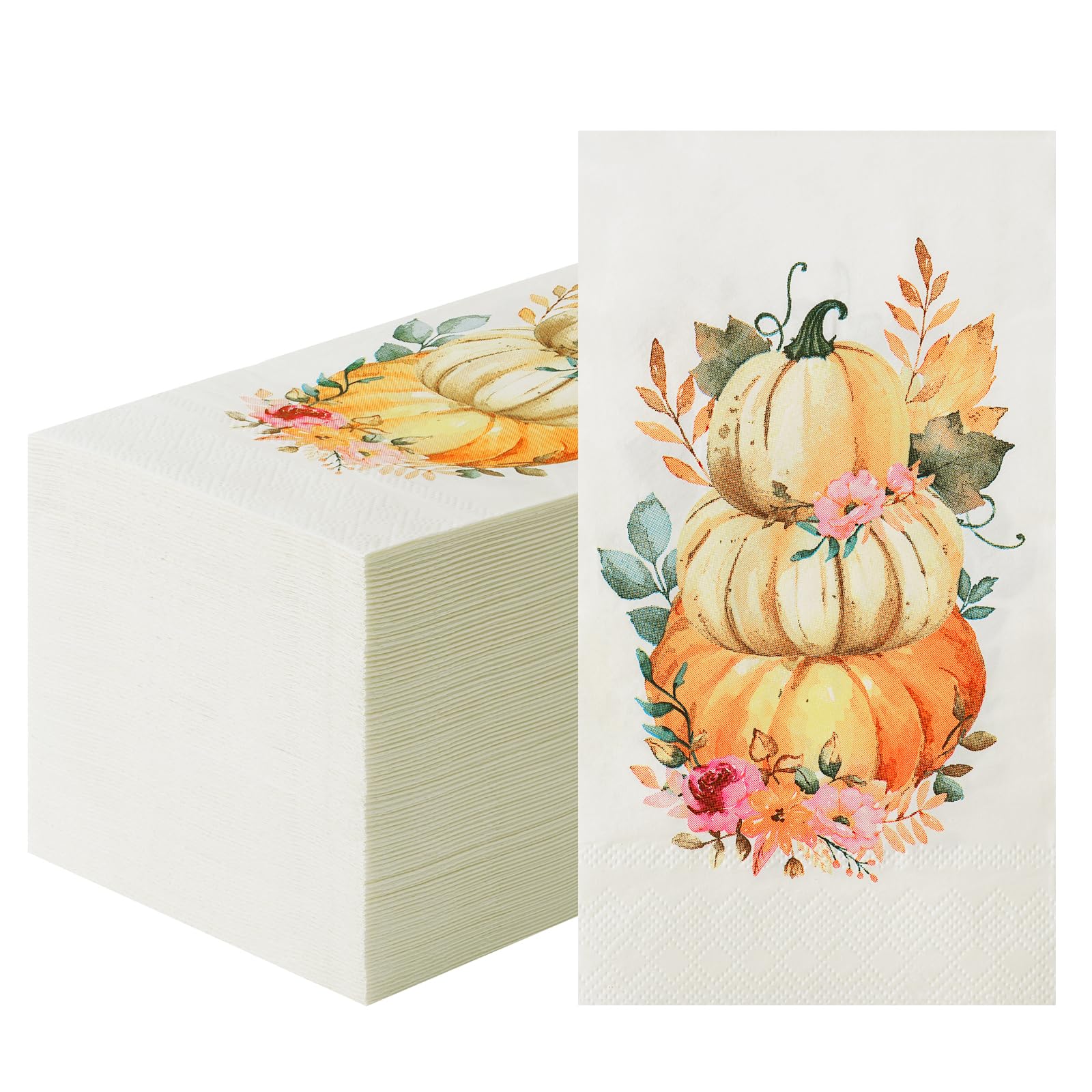 Photo 1 of 100 Pcs Fall Paper Napkins Disposable, Decorative Guest Napkins, Thanksgiving Watercolor Pumpkin Napkins Disposable Hand Towels for Party Harvest Autumn Home Dinner Kitchen Bathroom