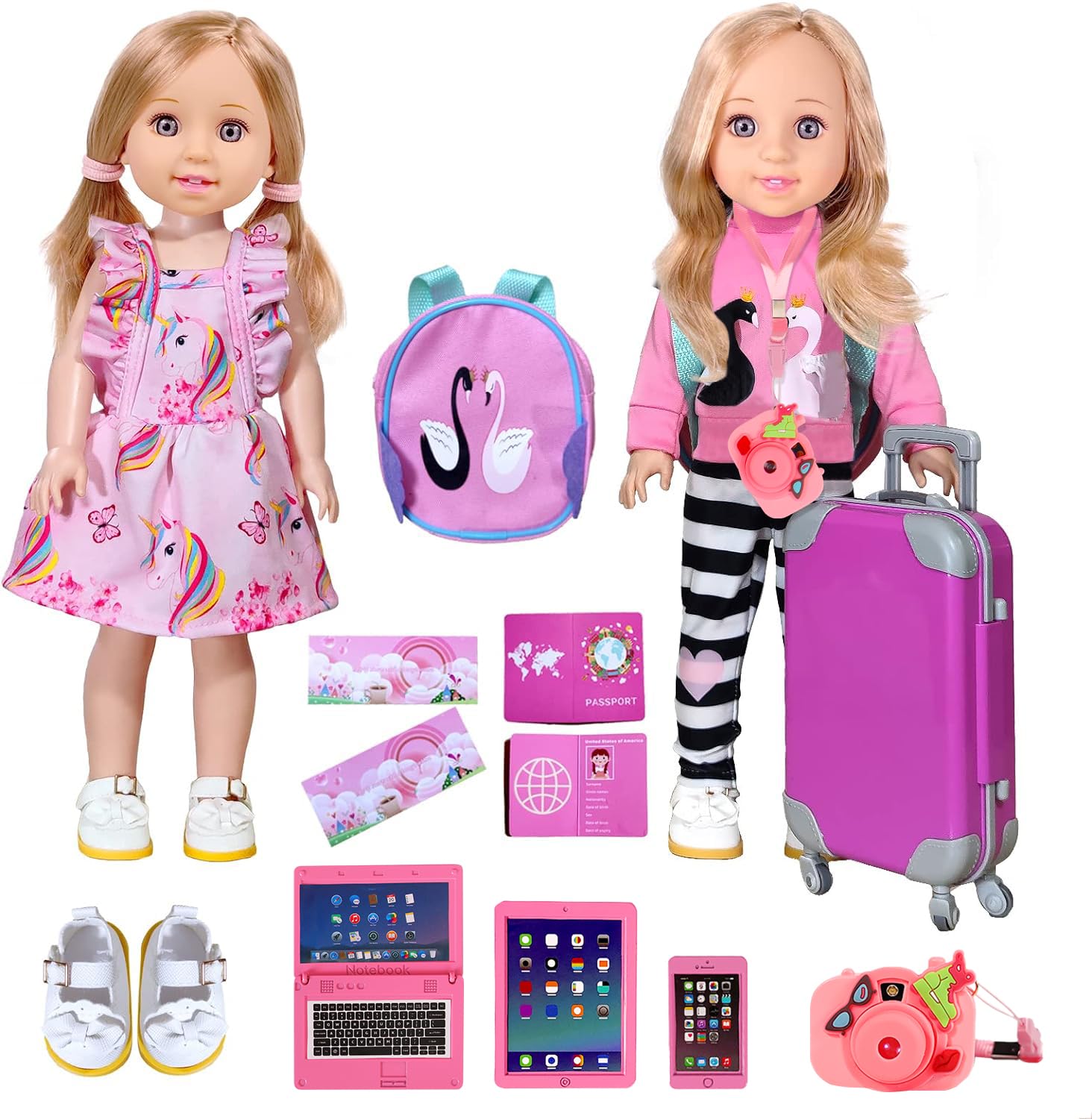 Photo 1 of ARTST 14-Inch-Girl-Doll-Travel-Suitcase-Play-Set Doll- Clothes- Accessories Including Luggage Cute Backpack 2 Sets of Clothes- Shoes Camera Computer Phone Tablet Passport (14 inch)