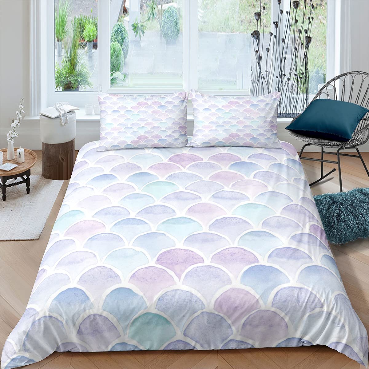 Mermaid Scales Duvet Cover Fish Scales Bedding Set for Kids Boys Girls Teens Ocean Marine Comforter Cover Bedding & Linen White 2Pcs Single Size