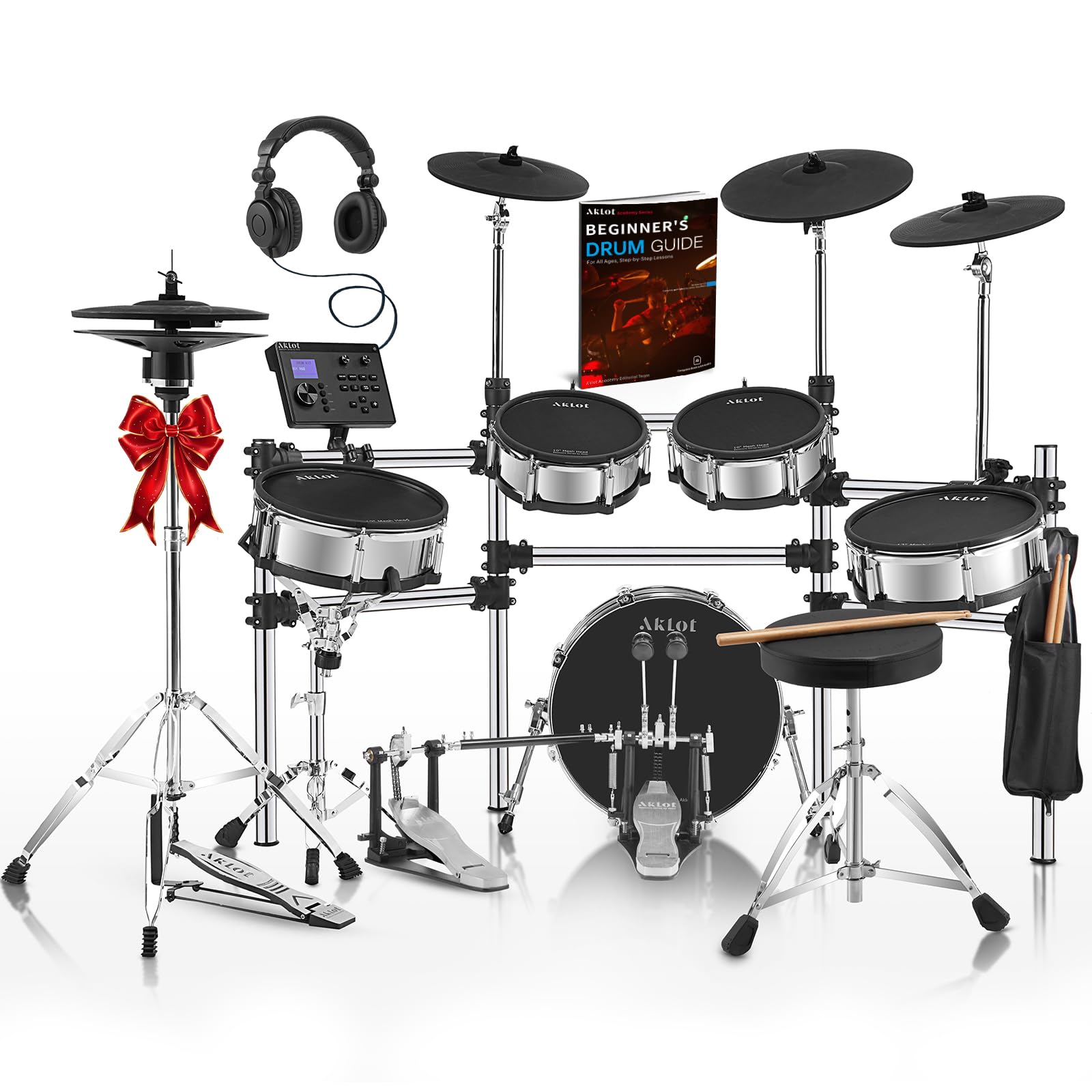 Photo 1 of ***FINAL SALE, VIEW NOTES*** AKLOT Acoustic-Style Electric Drum Set: Independent 16'' Wooden Double Pedal Bass Drum and 12'' Snare, Triple-Zone Ride Cymbal, Standalone Hi-Hat, Full Mesh Pads, 460 Sounds, USB MIDI (B-CORE543D)