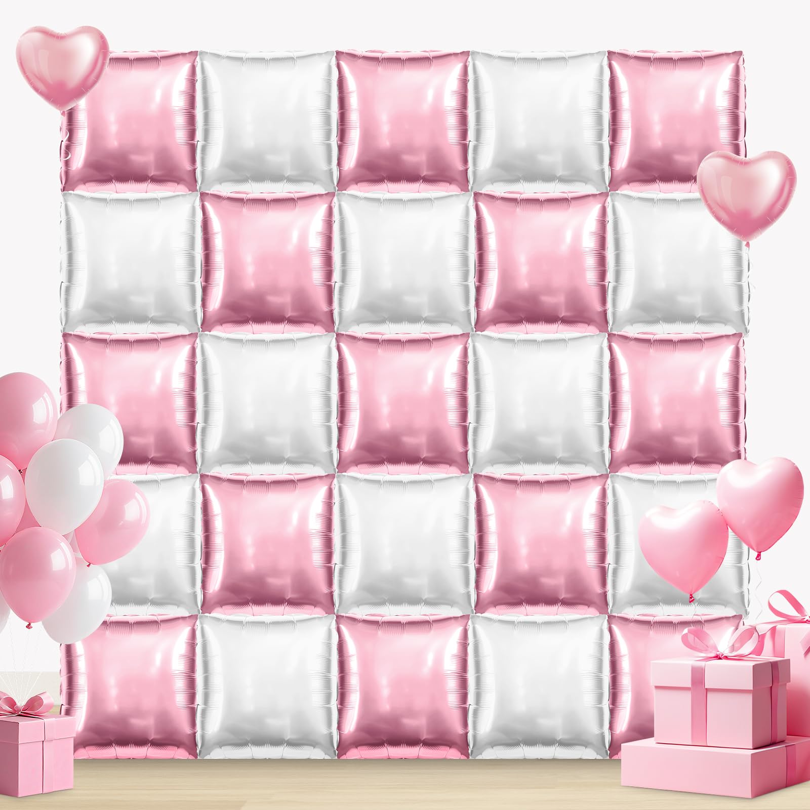 Photo 1 of 25PCS Pink & Pearl White Square Foil Balloon Wall, 19 Inch Double Sided Mylar Balloons Arch Tunnel Garland for Wedding, Bachelorette, Baby Shower, Bridal Party, Birthday, Romantic Backdrop Decor