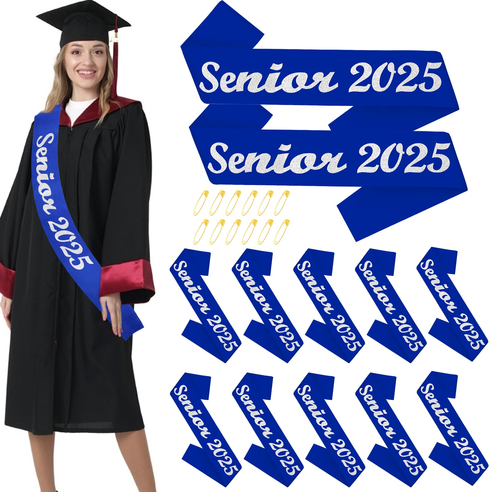 Photo 1 of 12 Pcs Royal Blue Senior 2025 Sash with Silver Glitter Letters - Senior Sashes Class of 2025, Celebration Graduation sash, Senior Cheer Sash, Class Competition Sashes, Graduation Party Supplies