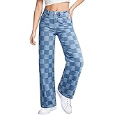 Sidefeel Women's Wide Leg Jeans High Waisted Stretchy Straight Leg Checkered Loose Denim Pants
