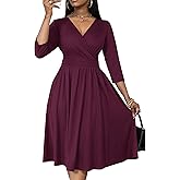 Nmoder Women's Wrap Dress Cocktail Church Wedding Midi Dress A-Line V Neck 3/4 Sleeve Casual Dresses with Pockets