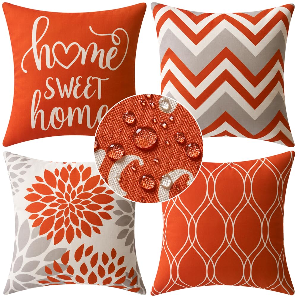 MIULEE 4 Pack Cushion Covers Outdoor Waterproof Throw Pillow Cover Home Pillow Case Pillowcases for Tent Park Bed Sofa Chair Bedroom Decorative Balcony 40x40cm 16x16inch Orange