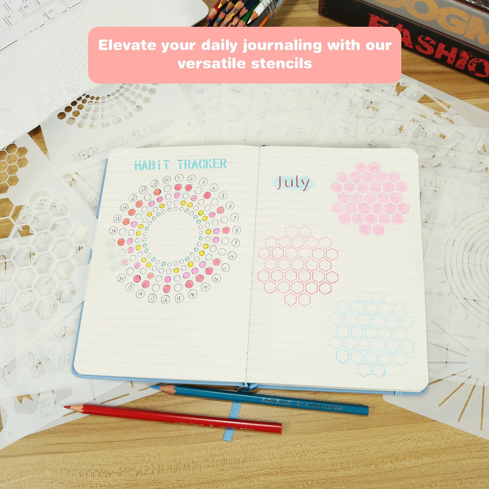 24PCS Bullet Journal Stencils for A5 Planners, Reusable Journal Stencils and Planner Templates Set, DIY Journaling Supplies for Notebook/Diary/Calendar Layout Design and Tracking