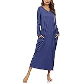 Marvmys Women Cotton Long Nightgowns Long Sleeves Nightshirts V Neck Full Length Sleep Shirts with Pocket