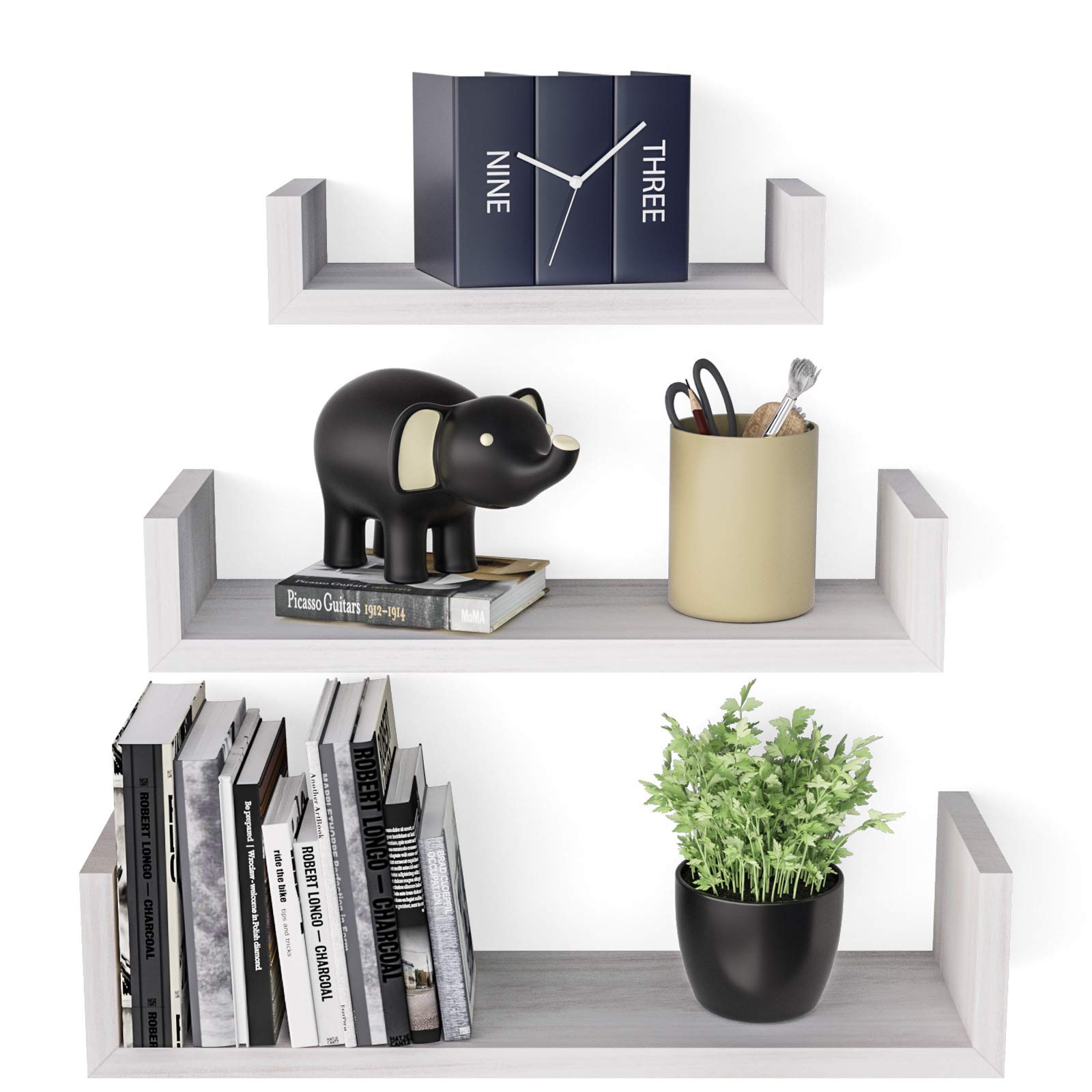 SRIWATANA Floating Shelves, Solid Wood and U-Shaped, Modern Wall Shelves Set of 3, Wall Mounted Display Shelf for Bedroom, Living Room, Kitchen and Office (White)