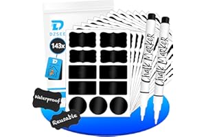 DZSEE Chalkboard Labels - 143 Pcs Reusable, Waterproof Chalk Sticker Labels with Erasable Liquid Chalk Marker, Storage Bins, Food Containers, Home & Kitchen Organization（3 Shapes & 4 Sizes）