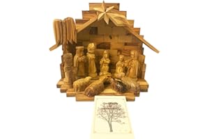 3 ARCHES USA Olive Wood Nativity Set Hand Carved-Nativity Tabletop Scene 12 Pcs 8" Height-Made in Bethlehem